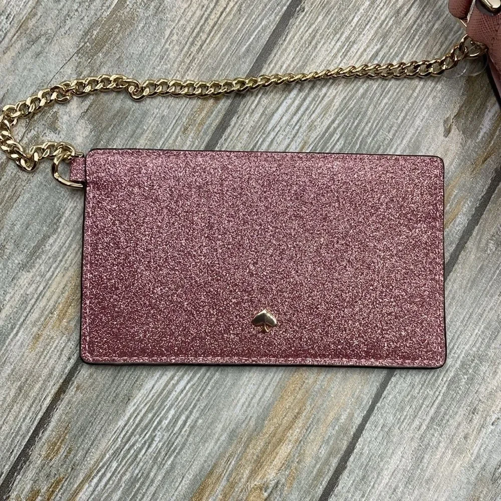Kate Spade Glimmer Glitter Crossbody Duo Card Holder Bag Purse Mitten Pink
